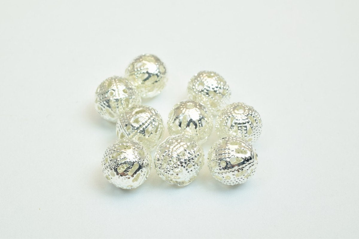 100 PCs Silver Plated Filigree Bead 8mm Diamond Cut jewelry making supplies - detail image 3
