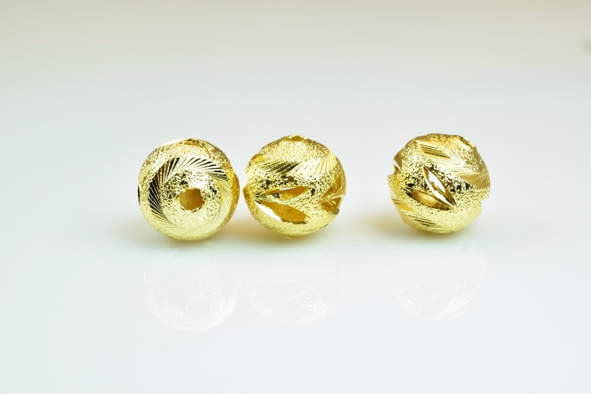 100 PCs Gold Plated Carved Round Beads 8mm 10mm Diamond Cut jewelry making supplies - detail image 4