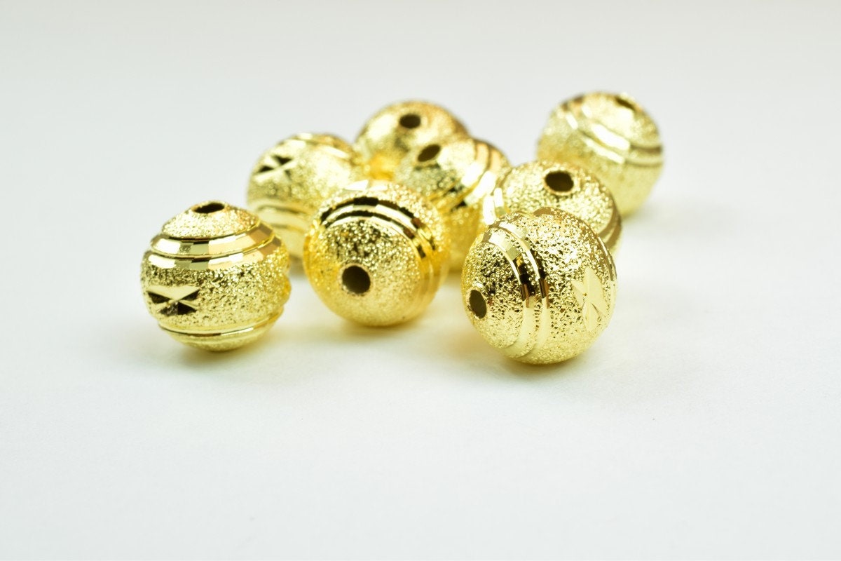 100 PCs Gold Plated Carved Round Beads 10mm Diamond Cut jewelry making supplies - detail image 5