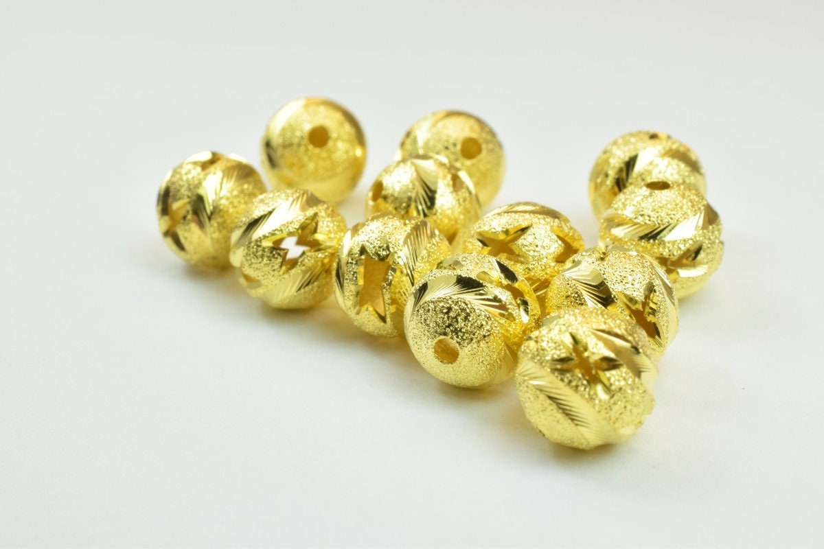 100 PCs Gold Plated Carved Round Beads 8mm/10mm Diamond Cut jewelry making supplies - detail image 5