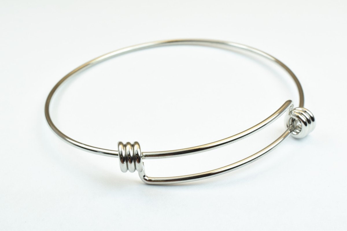 Silver Tone Bangle Bracelets - Modern Minimalist Adjustable Base - Durable Stainless Steel, DIY Charm Jewelry, Unisex Gift Option