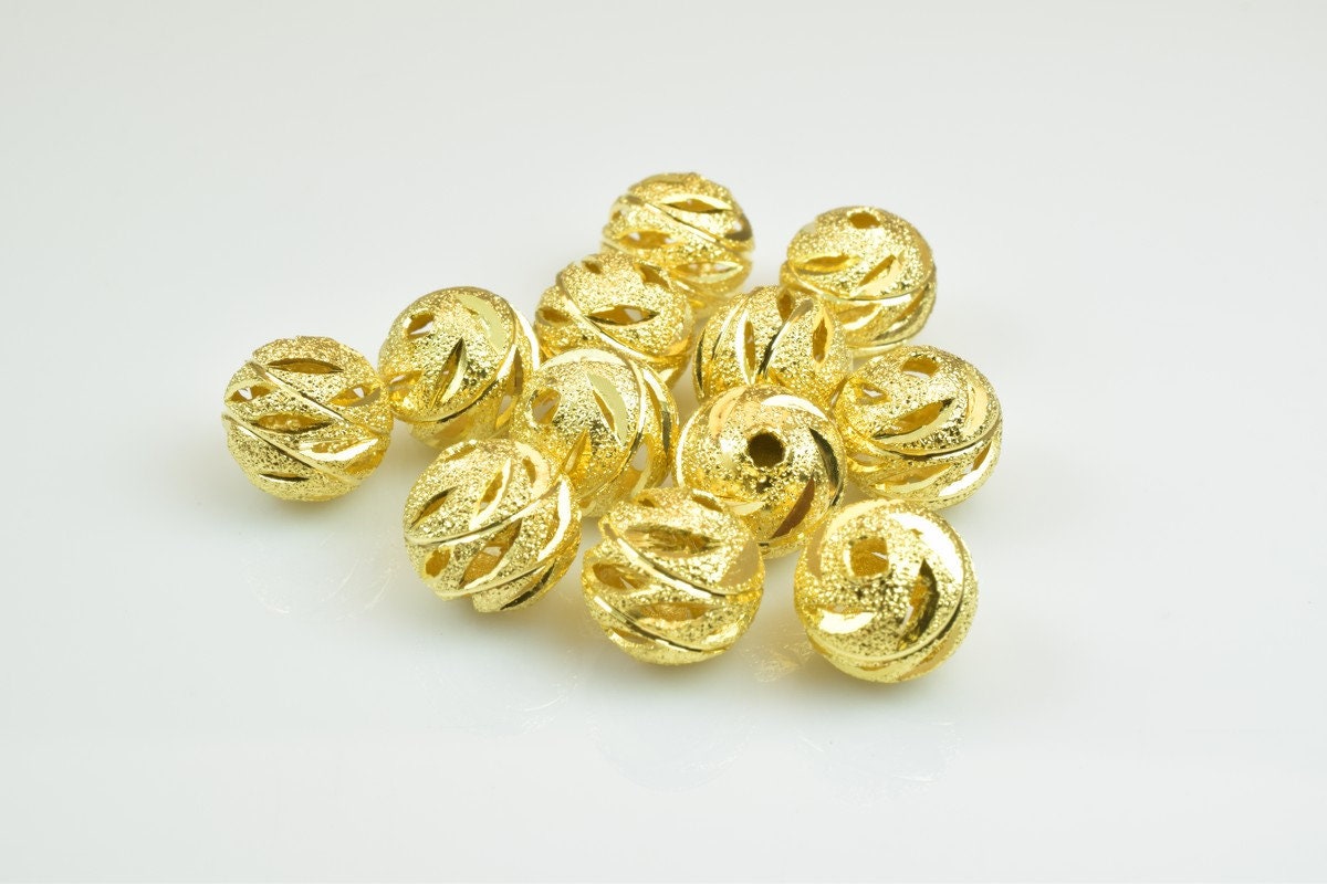 100 PCs Gold Plated Carved Round Beads 8mm/10mm Diamond Cut jewelry making supplies - detail image 2