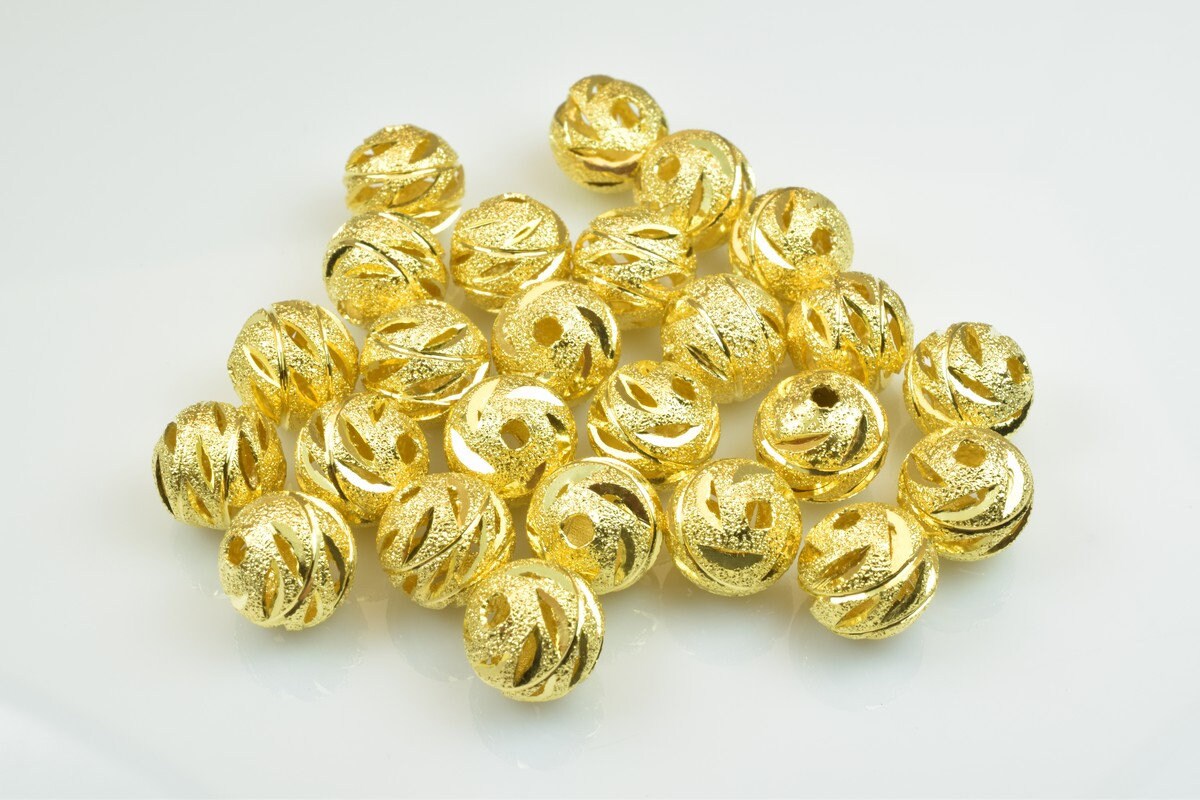 100 PCs Gold Plated Carved Round Beads 8mm/10mm Diamond Cut jewelry making supplies - detail image 3