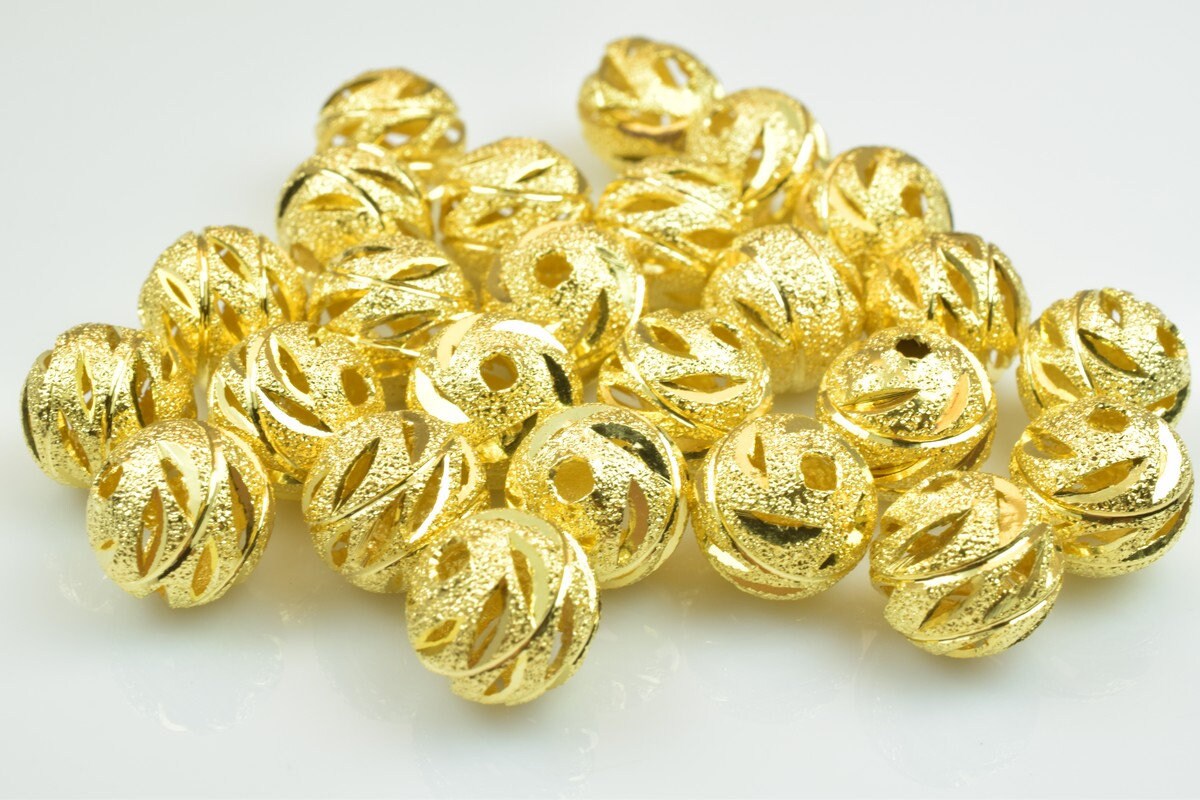 100 PCs Gold Plated Carved Round Beads 8mm/10mm Diamond Cut jewelry making supplies - detail image 4