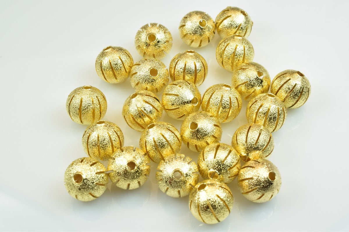 100 PCs Gold Plated Carved Round Beads 8mm/10mm Diamond Cut jewelry making supplies - detail image 3