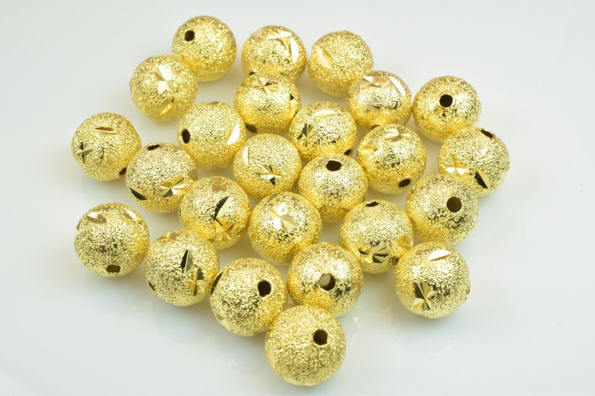 100 PCs Gold Plated Carved Round Beads 8mm/10mm Diamond Cut jewelry making supplies - detail image 2