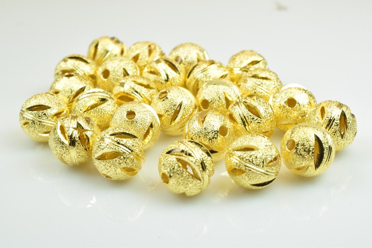 100 PCs Gold Plated Carved Round Beads 10mm Diamond Cut jewelry making supplies - detail image 3