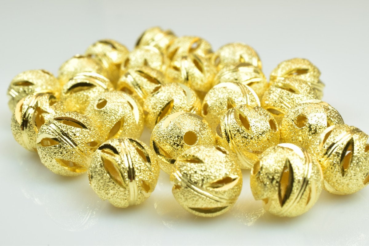 100 PCs Gold Plated Carved Round Beads 10mm Diamond Cut jewelry making supplies