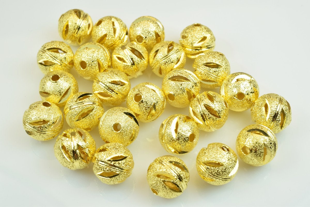 100 PCs Gold Plated Carved Round Beads 10mm Diamond Cut jewelry making supplies - detail image 6