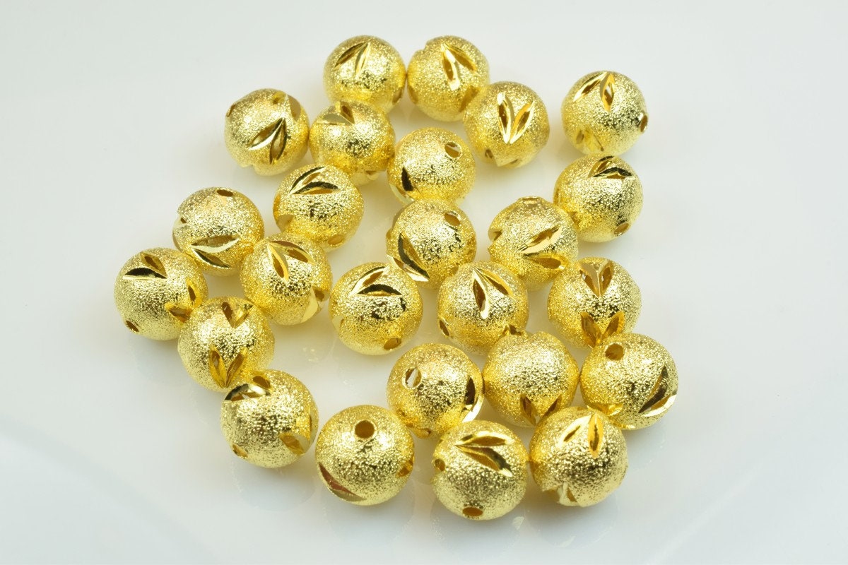 100 PCs Gold Plated Carved Round Beads 8mm/10mm Diamond Cut jewelry making supplies - detail image 4