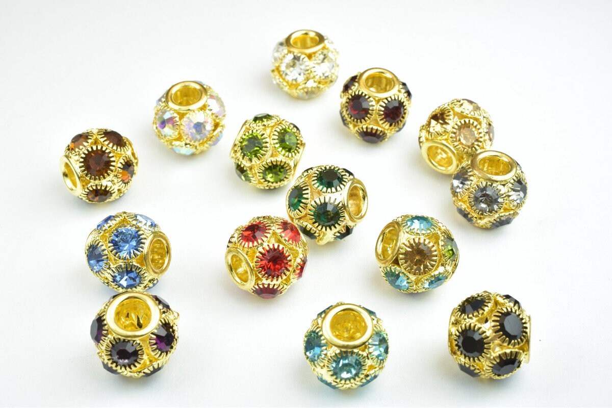 4 PCs Rhinestone Round Ball Beads with Big Hole Gold Size 13mm Hole Size 5mm For European Style Bracelet Or Necklace For J...