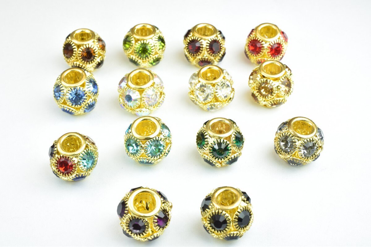 4 PCs Rhinestone Round Ball Beads with Big Hole Gold Size 13mm Hole Size 5mm For European Style Bracelet Or Necklace For J...