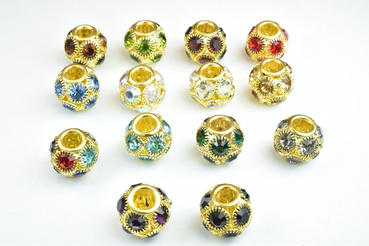 4 PCs Rhinestone Round Ball Beads with Big Hole Gold Size 13mm Hole Size 5mm For European Style Bracelet Or Necklace For J...