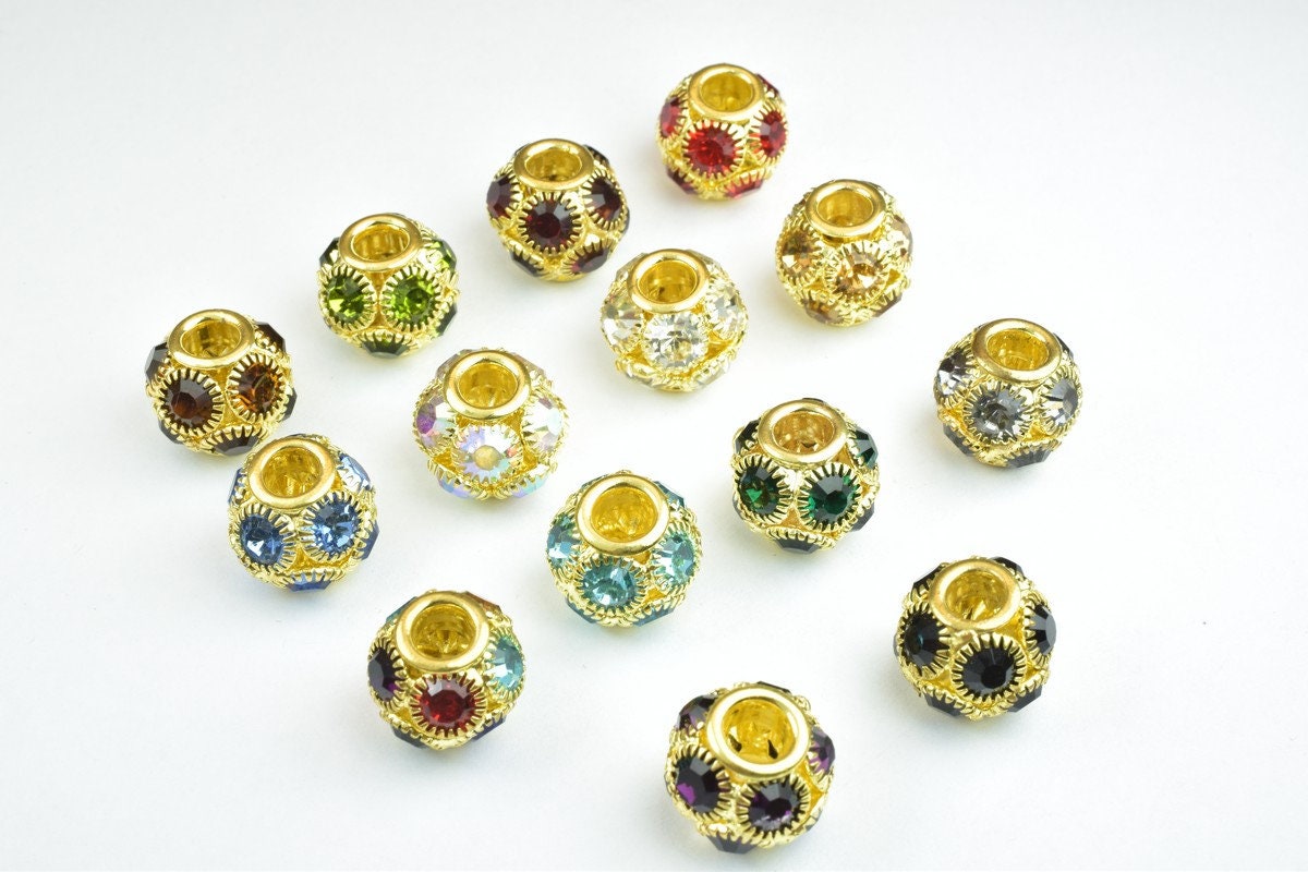 4 PCs Rhinestone Round Ball Beads with Big Hole Gold Size 13mm Hole Size 5mm For European Style Bracelet Or Necklace For J...