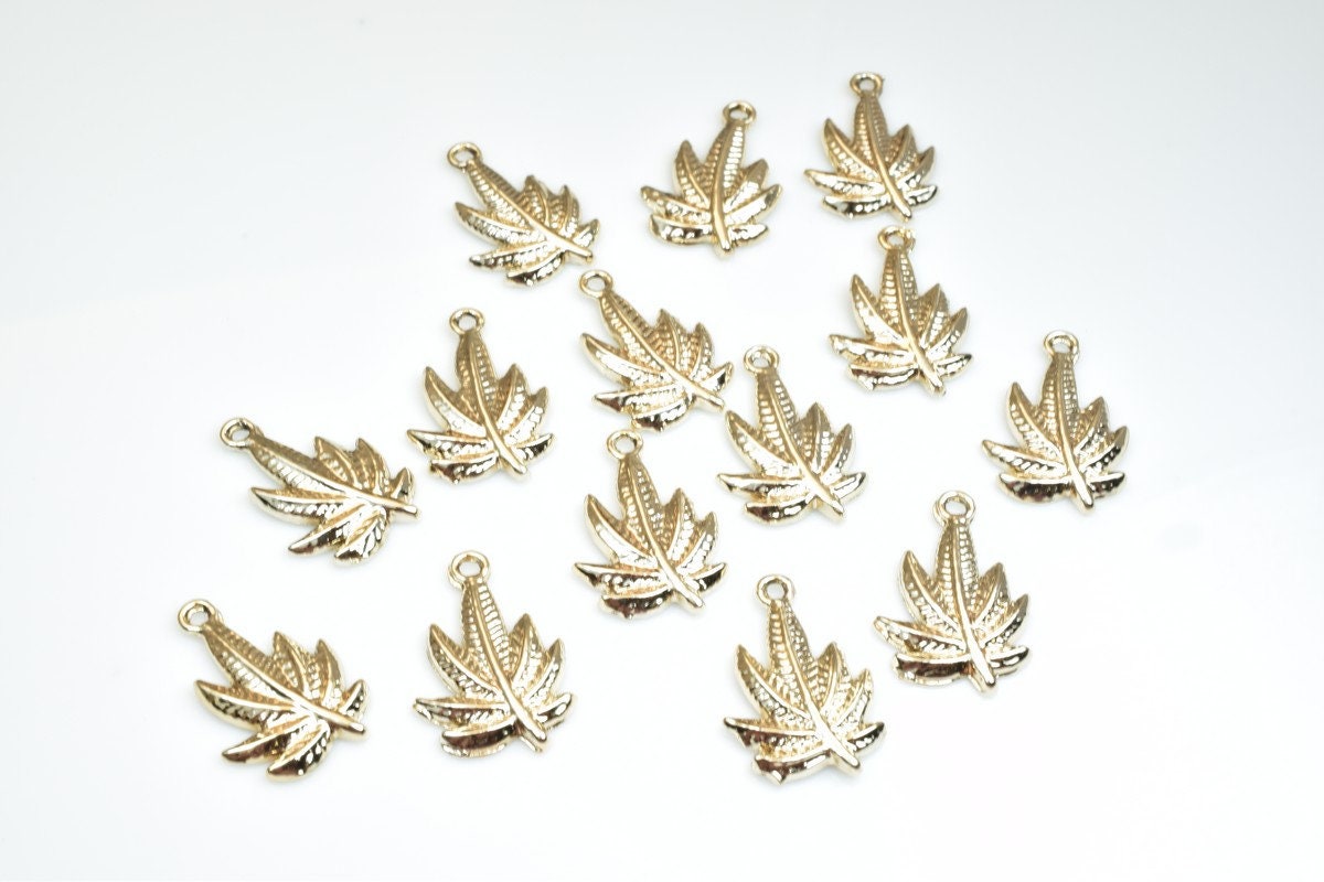10 PCs Marijuana Leaf Charms Alloy Gold Color Size 23x15mm Jump Ring Size 2mm For Jewelry Making jewelry making supplies -...