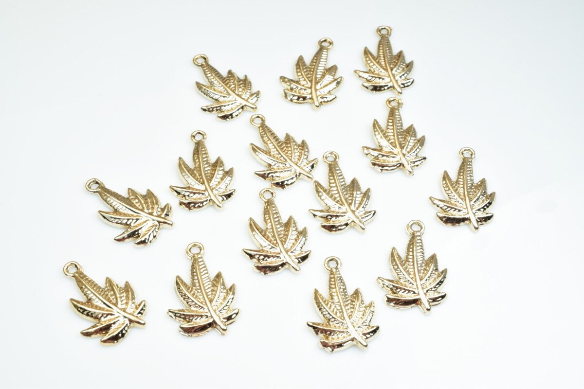 10 PCs Marijuana Leaf Charms Alloy Gold Color Size 23x15mm Jump Ring Size 2mm For Jewelry Making jewelry making supplies -...