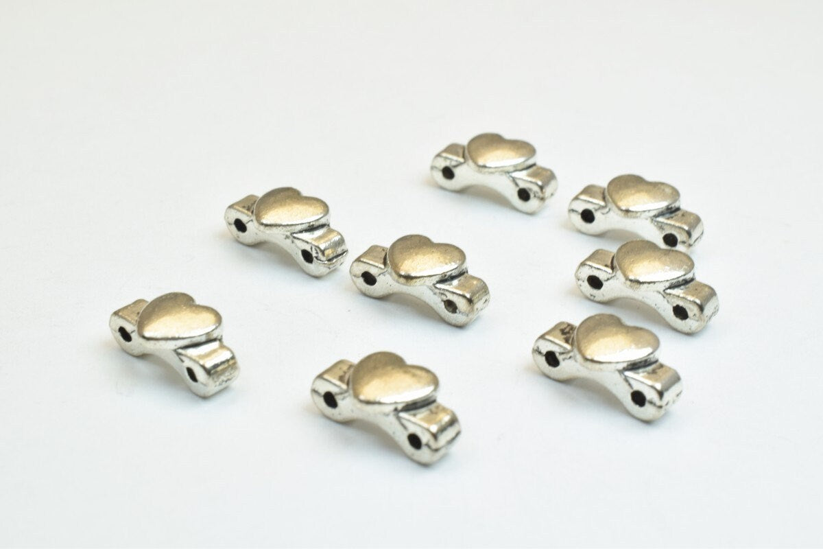 16 PCs Heart Silver Alloy Connector Beads Size 11x6x5mm Hole Size 0.8mm Decorative Design Metal Beads For Jewelry Making j...