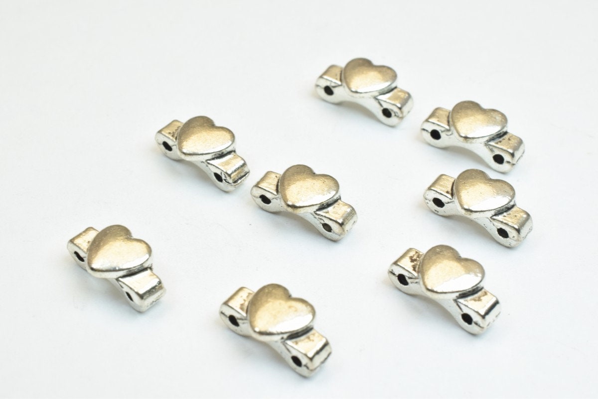 16 PCs Heart Silver Alloy Connector Beads Size 11x6x5mm Hole Size 0.8mm Decorative Design Metal Beads For Jewelry Making j...