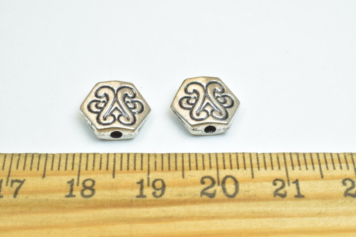 10 PCs Hexagonal Connector Charm Silver Alloy Metal Beads Size 10mm Thickness 3.5mm Hole Size 1mm Decorative Design For Je...
