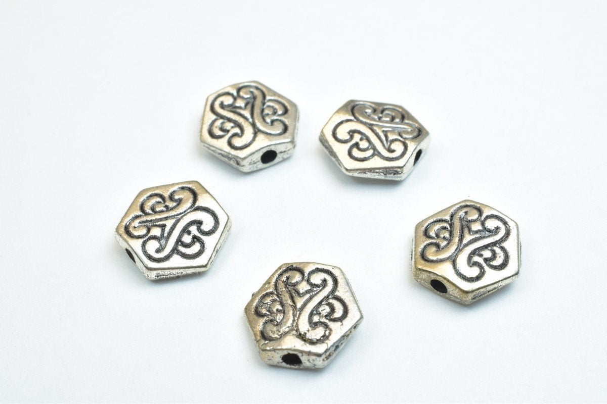 10 PCs Hexagonal Connector Charm Silver Alloy Metal Beads Size 10mm Thickness 3.5mm Hole Size 1mm Decorative Design For Je...