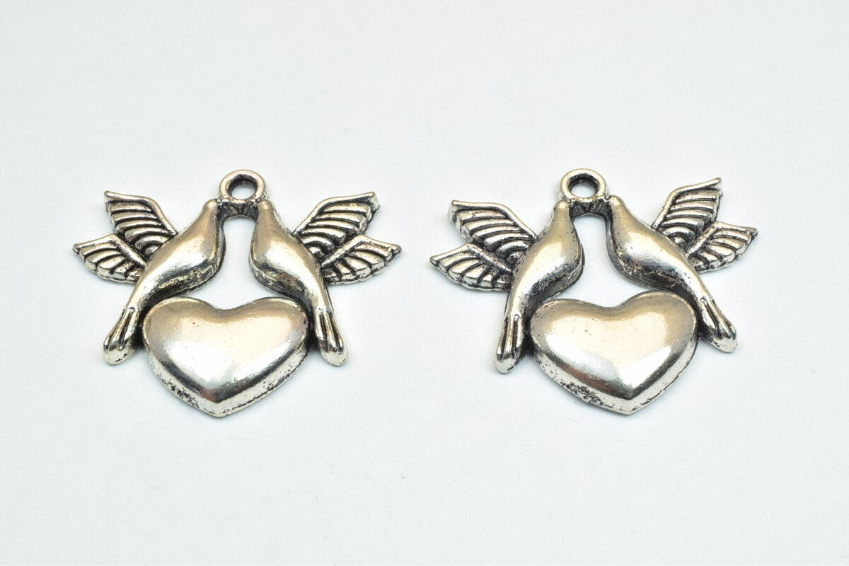 4 PCs Dove Birds Heart Bronze/Silver Alloy Charm Beads Size 29.5x33mm Decorative Design Beads 2mm JumpRing Size for Jewelr...
