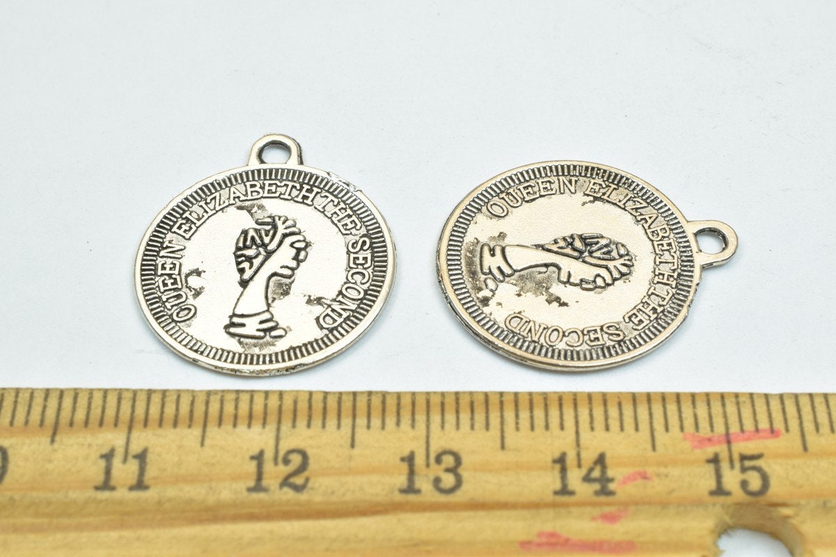 12 PCs Queen Elizabeth 2nd Charm Bronze/Silver Alloy Charm Beads Size 19.5mm JumpRing Size 2mm Decorative Design Beads For...