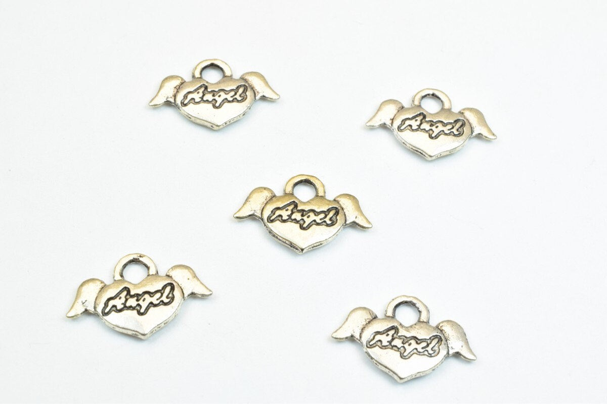 10 PCs Angel Heart Alloy Charm Antique Silver Beads Size 13x19mm Jump Ring Size 3mm Decorative Design Beads For Jewelry Ma...