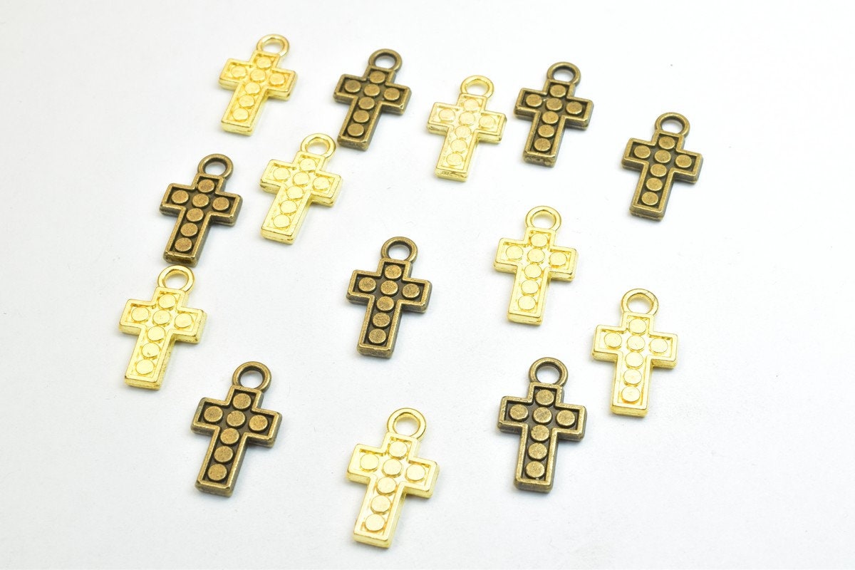 14 PCs Cross Charm Pendants Antique Green/Gold Beads Base Metal Alloy Pendant Size 18x10mm Jump Ring Size 2mm For Jewelry...