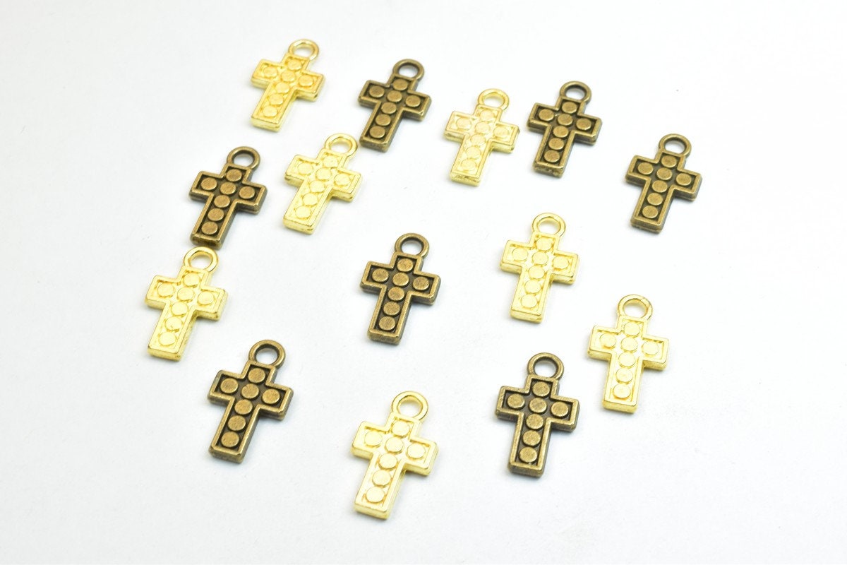14 PCs Cross Charm Pendants Antique Green/Gold Beads Base Metal Alloy Pendant Size 18x10mm Jump Ring Size 2mm For Jewelry...