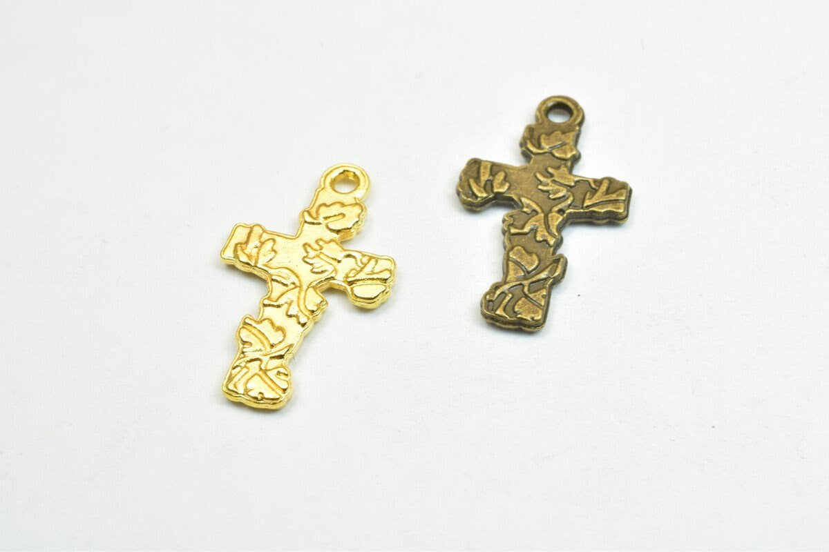 12 PCs Cross Flower Charm Pendants Antique Green/Gold Beads Base Metal Alloy Pendant Size 23x19mm Jump Ring Size 2mm For J...