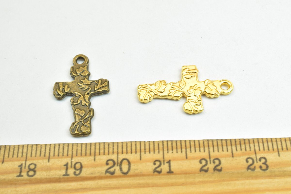 12 PCs Cross Flower Charm Pendants Antique Green/Gold Beads Base Metal Alloy Pendant Size 23x19mm Jump Ring Size 2mm For J...
