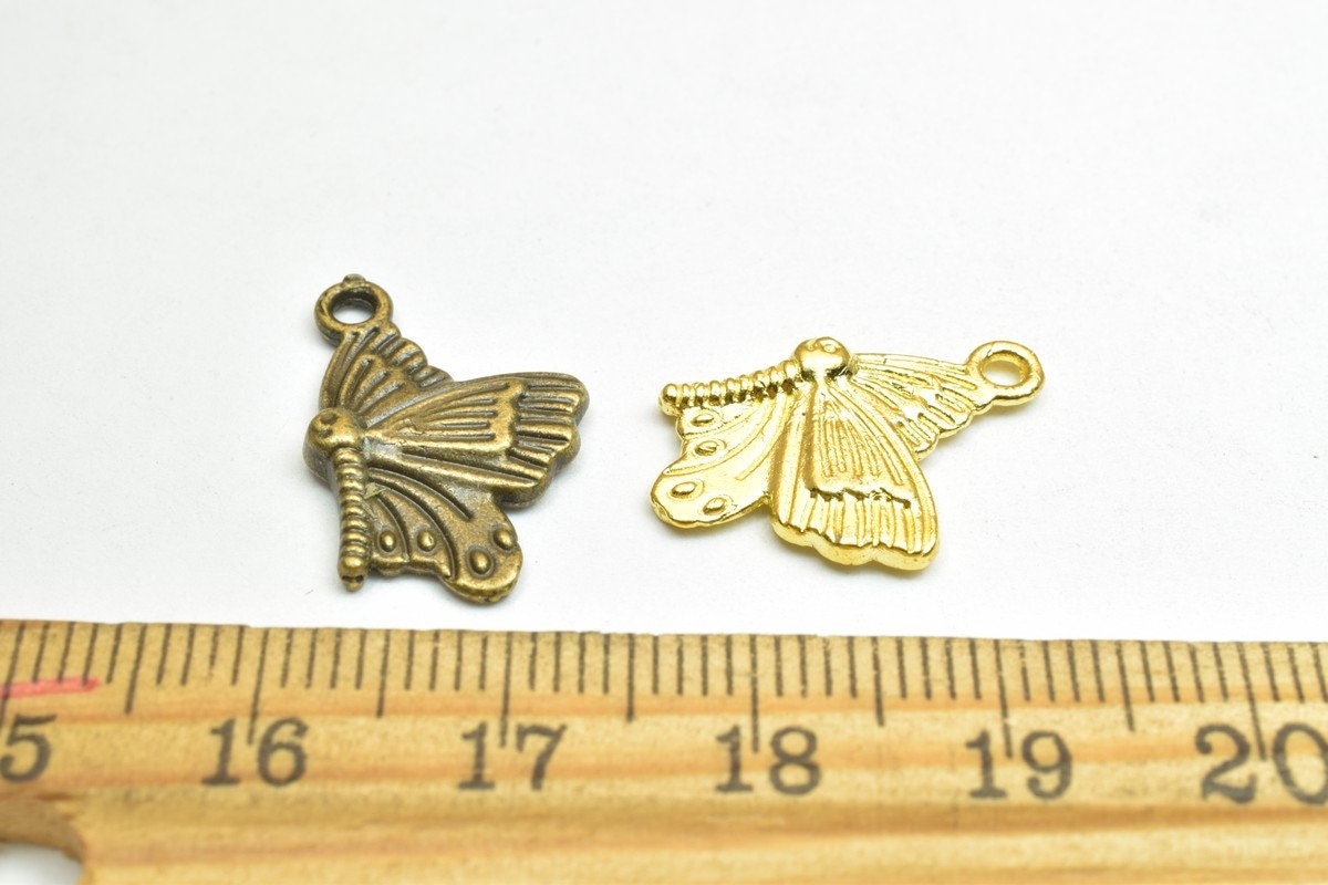 12 PCs ButterFly Charm Pendants Antique Green/Gold Beads Base Metal Alloy Pendant Size 20x13mm Jump Ring Size 1.5mm For Je...