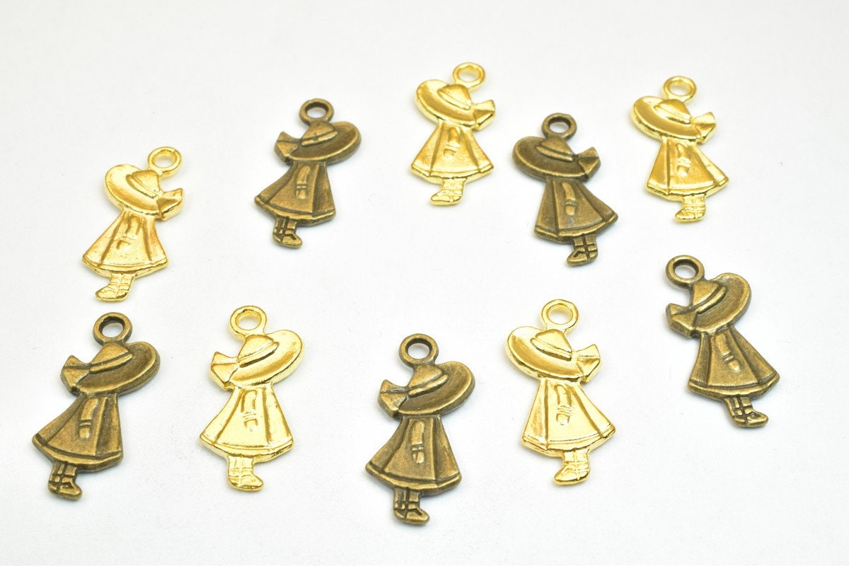 10 PCs Girl Charm Pendants Bronze/Gold/Silver Beads Base Metal Alloy Pendant Size 25x11mm Jump Ring Size 2.5mm For Jewelry...