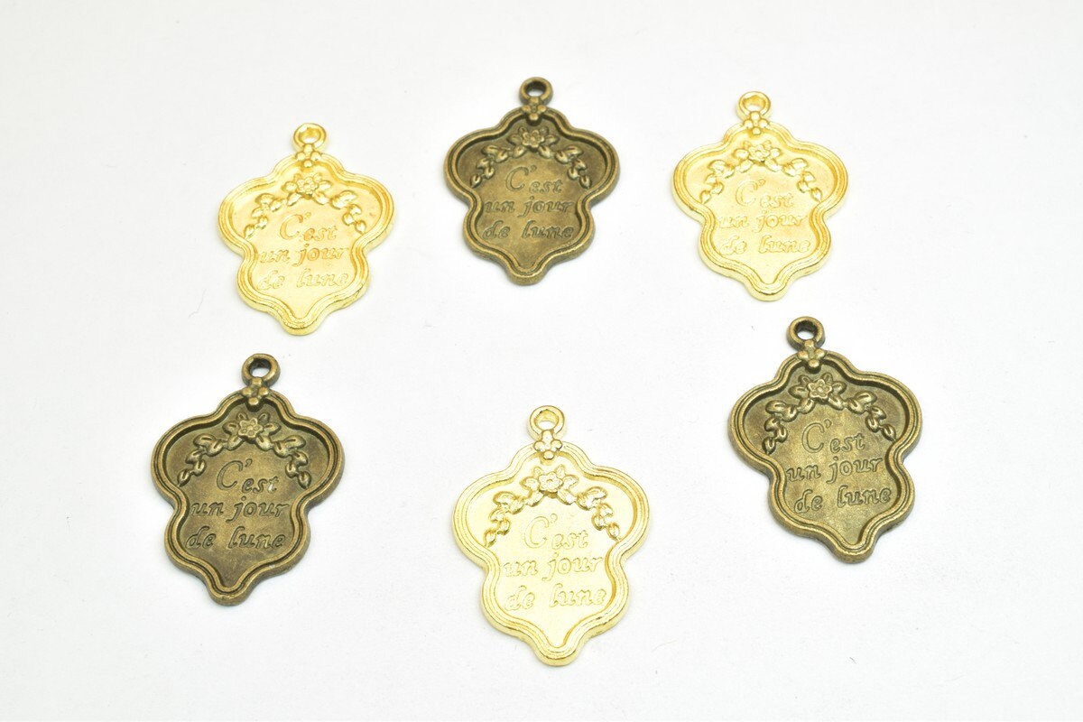 6 PCs French C'est Un Jour De Lune Charm Pendants Antique Green/Gold Beads Metal Alloy Size 30x20mm Jump Ring Size 2mm For...