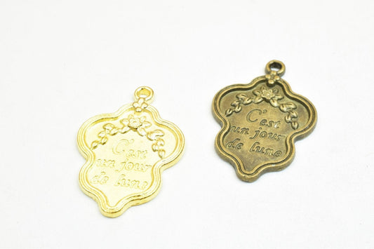 6 PCs French C'est Un Jour De Lune Charm Pendants Antique Green/Gold Beads Metal Alloy Size 30x20mm Jump Ring Size 2mm For...