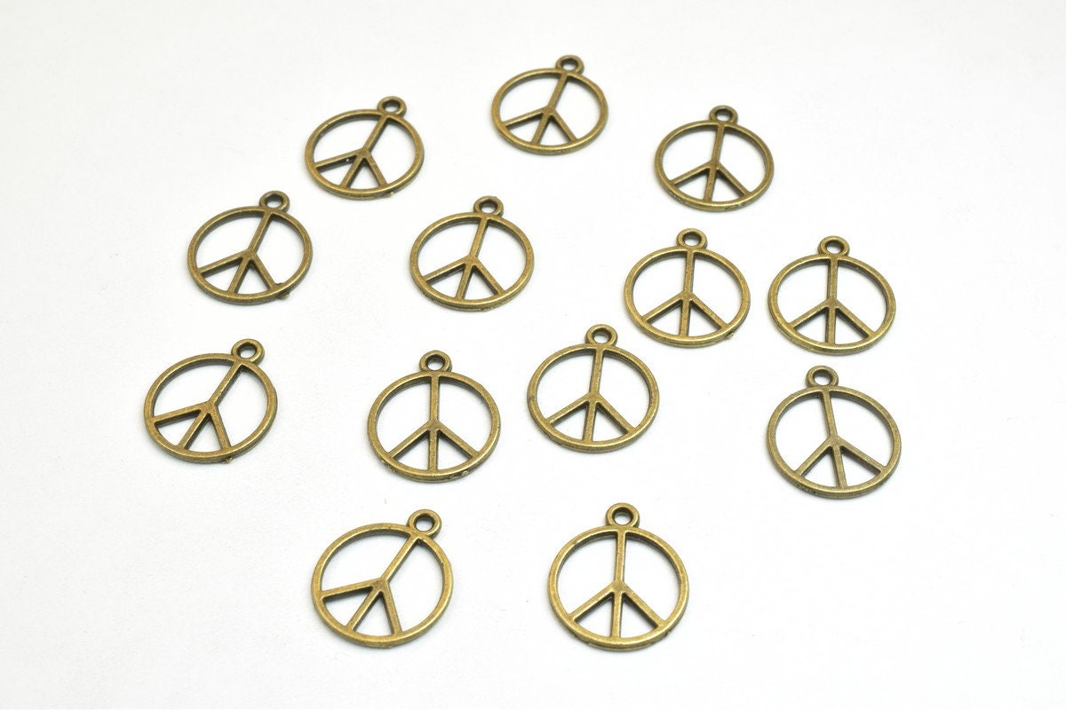 13 PCs Peace Sign Charm Pendant Bronze/Gold Charm Beads Alloy Metal Bracelet Pendant Size 16.5x14mm JumpRing Size 1.5mm Fo...