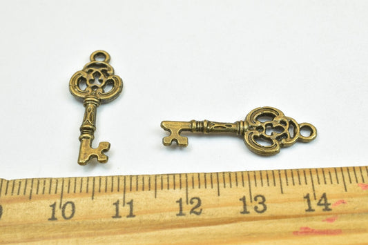 16 PCs Key Charm Antique Green Charm Beads Alloy Metal Bracelets Pendant Size 27x10mm Jump Ring Size 2mm For Jewelry Makin...