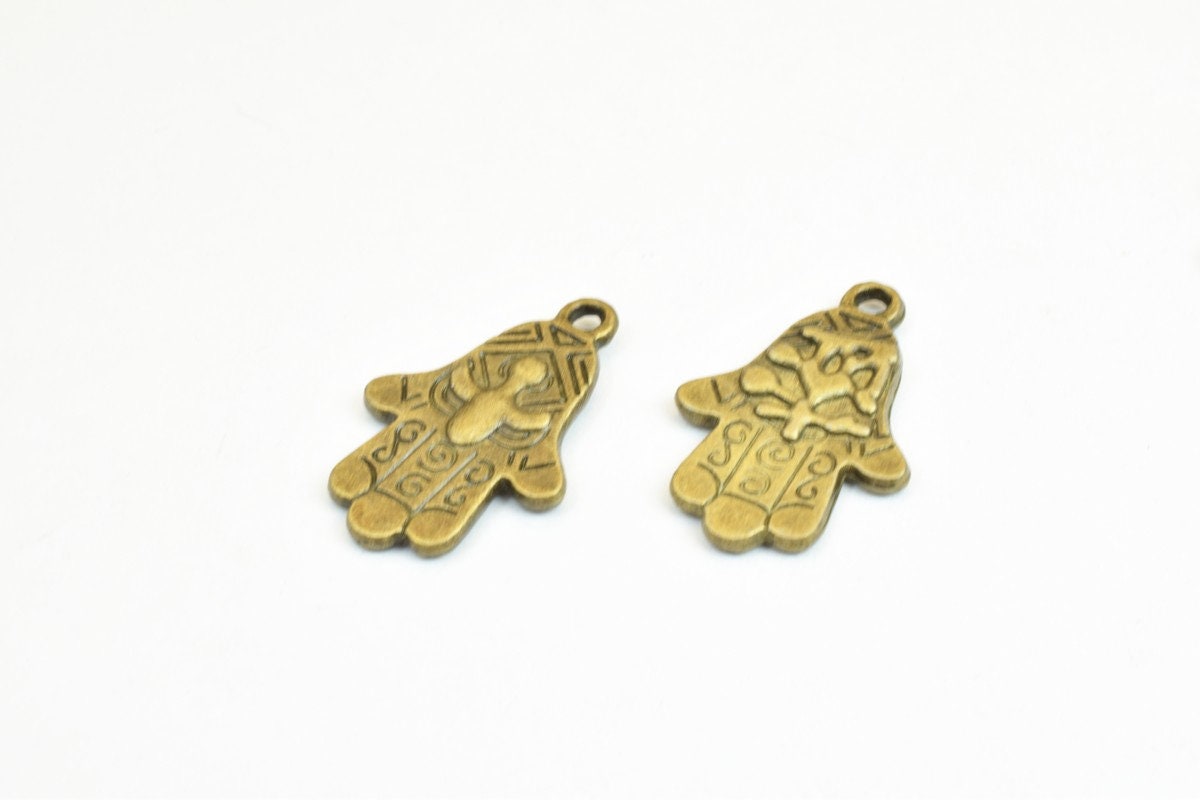 6 PCs Hamsa Hand Charm Beads Bronze/Silver Size 27x18mm Decorative Design Metal Beads  2mm JumpRing Opening for Jewelry Ma...