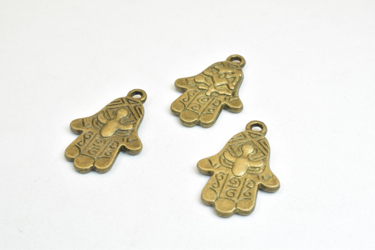 6 PCs Hamsa Hand Charm Beads Bronze/Silver Size 27x18mm Decorative Design Metal Beads  2mm JumpRing Opening for Jewelry Ma...