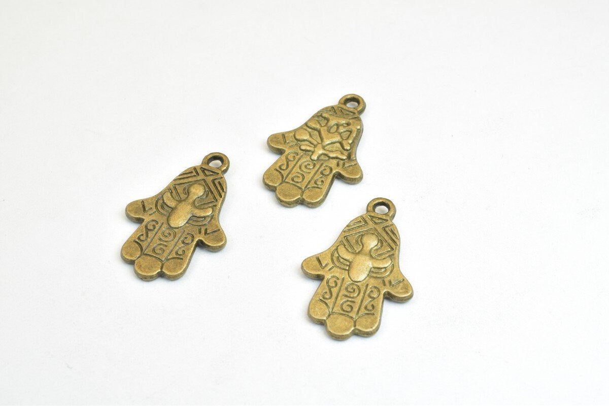 6 PCs Hamsa Hand Charm Beads Bronze/Silver Size 27x18mm Decorative Design Metal Beads  2mm JumpRing Opening for Jewelry Ma...