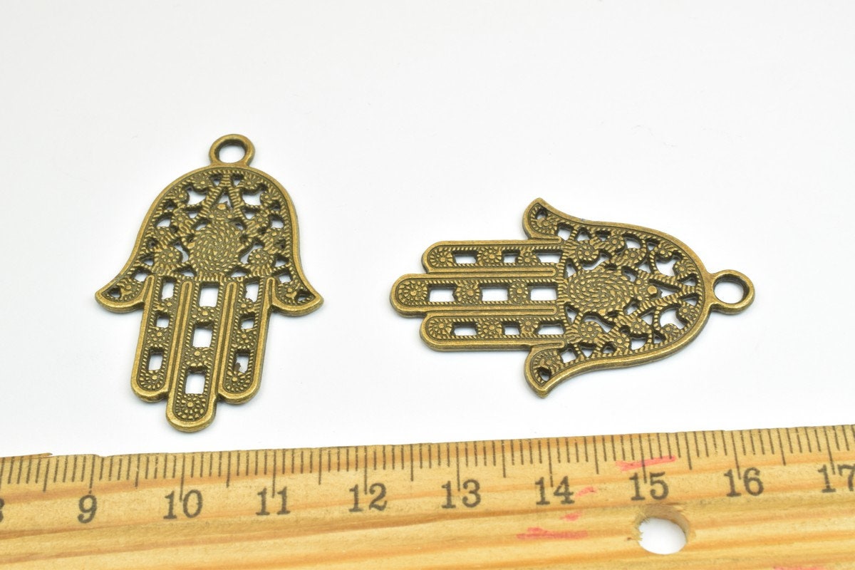 4 PCs Hamsa Hand Charm Beads Antique Green Size 43x28mm Decorative Design Metal Beads  4mm JumpRing Opening for Jewelry Ma...