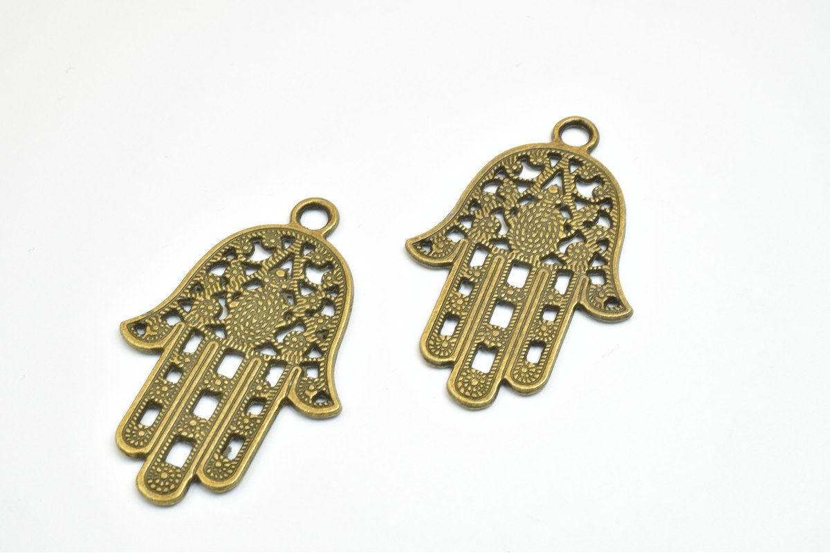 4 PCs Hamsa Hand Charm Beads Antique Green Size 43x28mm Decorative Design Metal Beads  4mm JumpRing Opening for Jewelry Ma...