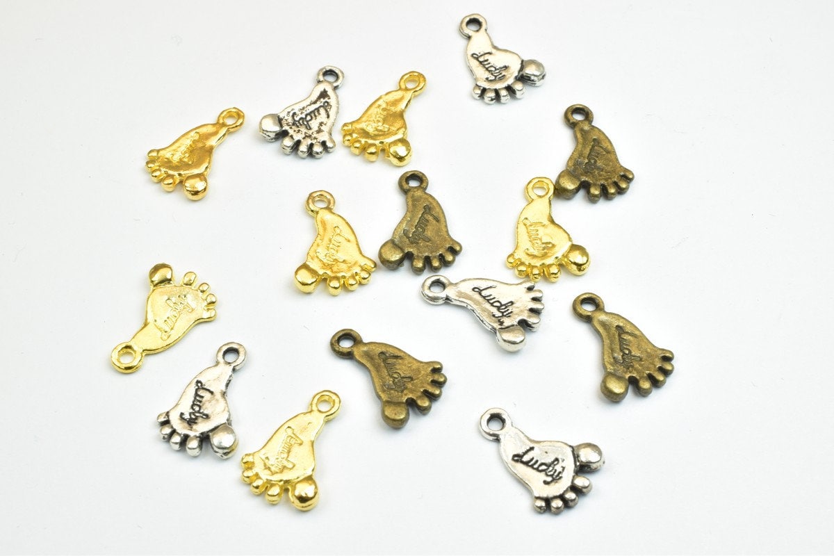 18 PCs Lucky Foot Alloy Charm Gold/Antique Silver/Antique Green Beads Size 16x11mm JumpRing Size 1.5mm Decorative Design J...