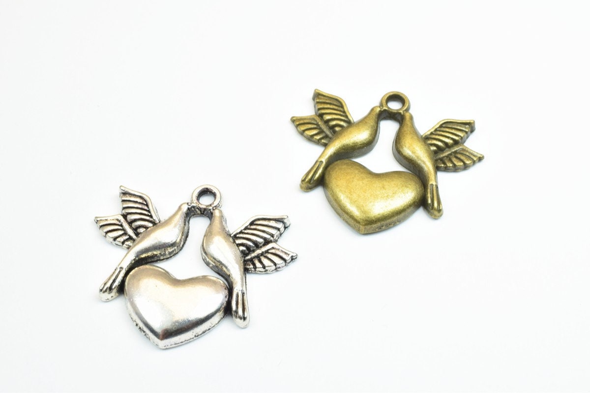 4 PCs Dove Birds Heart Bronze/Silver Alloy Charm Beads Size 29.5x33mm Decorative Design Beads 2mm JumpRing Size for Jewelr...