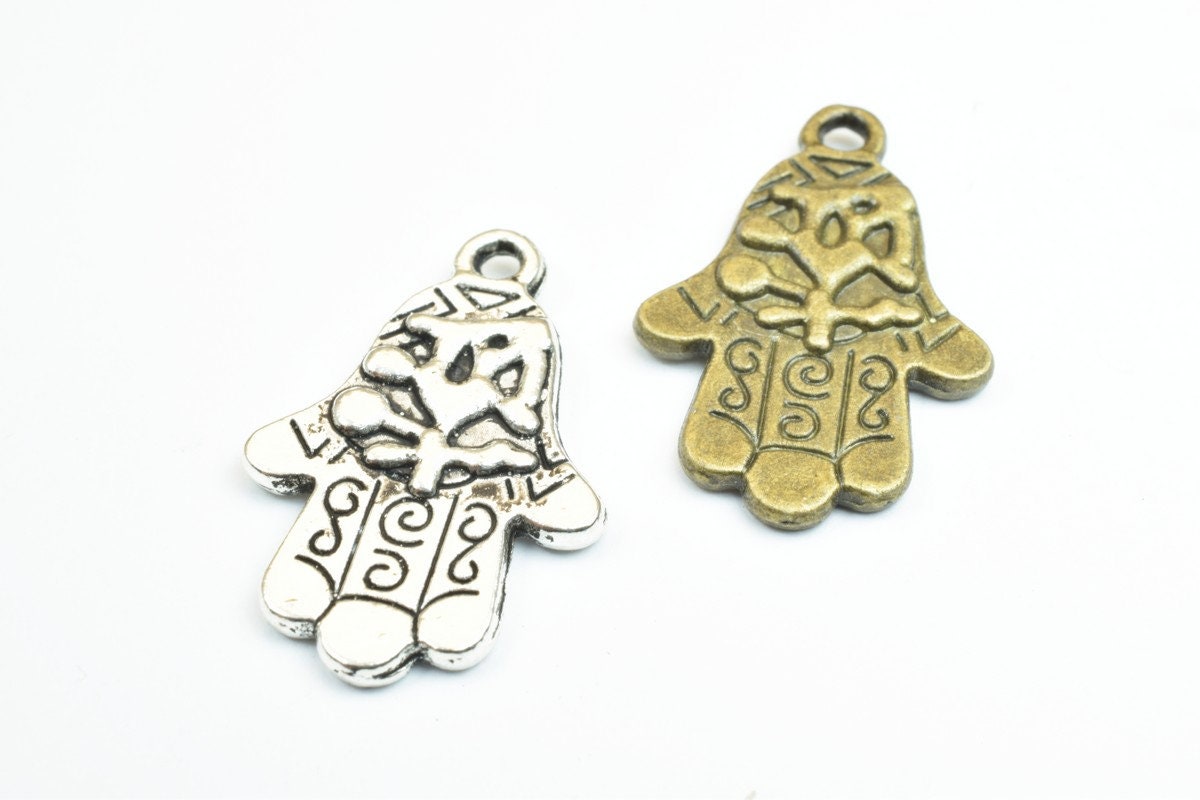 6 PCs Hamsa Hand Charm Beads Bronze/Silver Size 27x18mm Decorative Design Metal Beads  2mm JumpRing Opening for Jewelry Ma...