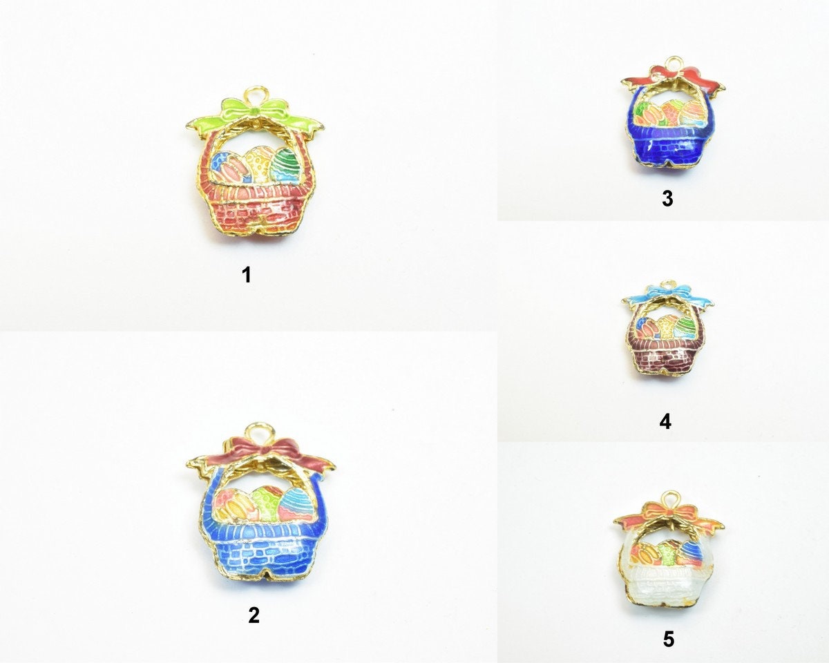 3 PCs Easter Egg Basket Cloisonne Pendant Beads Size 23x19mm Thickness 5mm Jump Ring Size 2mm Enamel Design Charm For Jewe...