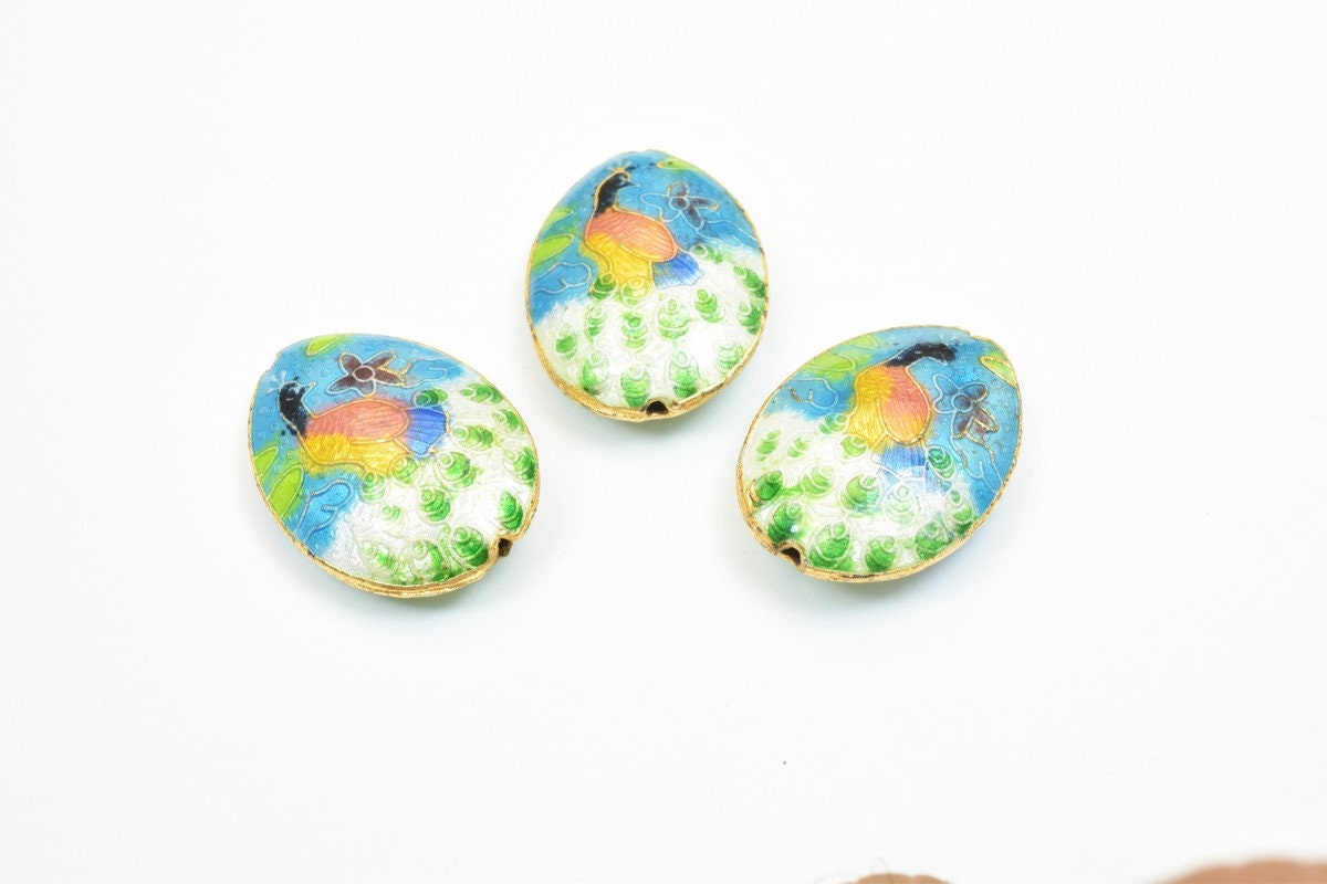 3 PCs Peacock Oval Cloisonne Pendant Beads Size 25x18mm Thickness 5mm Hole Size 1mm Enamel Design Sweater Chain Charm For...