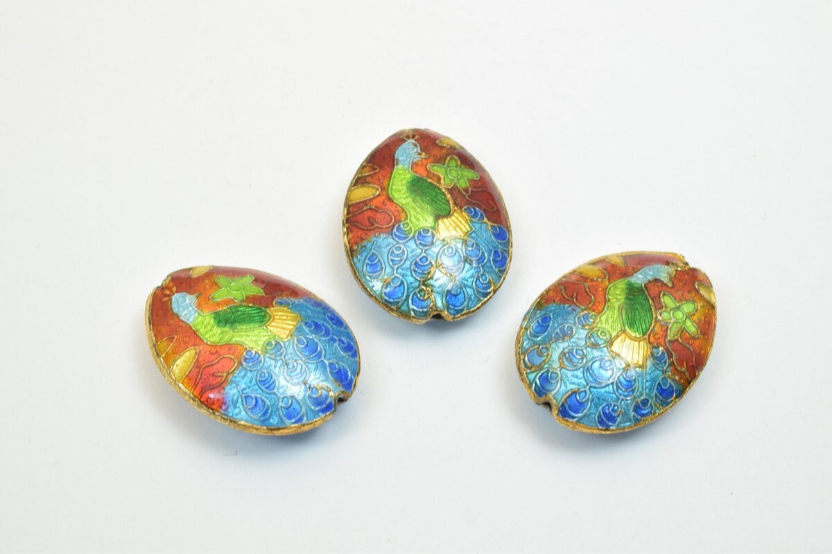 3 PCs Peacock Oval Cloisonne Pendant Beads Size 25x18mm Thickness 5mm Hole Size 1mm Enamel Design Sweater Chain Charm For...