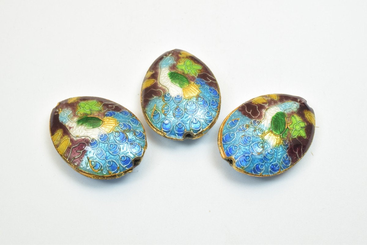 3 PCs Peacock Oval Cloisonne Pendant Beads Size 25x18mm Thickness 5mm Hole Size 1mm Enamel Design Sweater Chain Charm For...