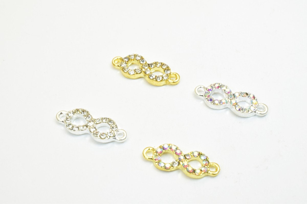 4 PCs Infinity Rhinestone Connector Charm Pave Beads Findings Size 20x7mm Thickness 2.5mm 2 Jump Rings 1mm For Jewelry Mak...